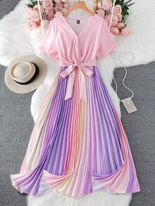 SHEIN LUNE SHEINLUNE 大码女式彩虹褶皱V领灯笼袖系腰连衣裙 毕业礼服 婚礼宾客礼服 女士度假装 女士沙滩装 节日连衣裙 生日礼服 女士骄傲日礼服 - 彩色 - 查看 1