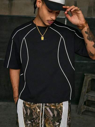 AXEPEAK 男士街头风撞色滚边圆领短袖T恤