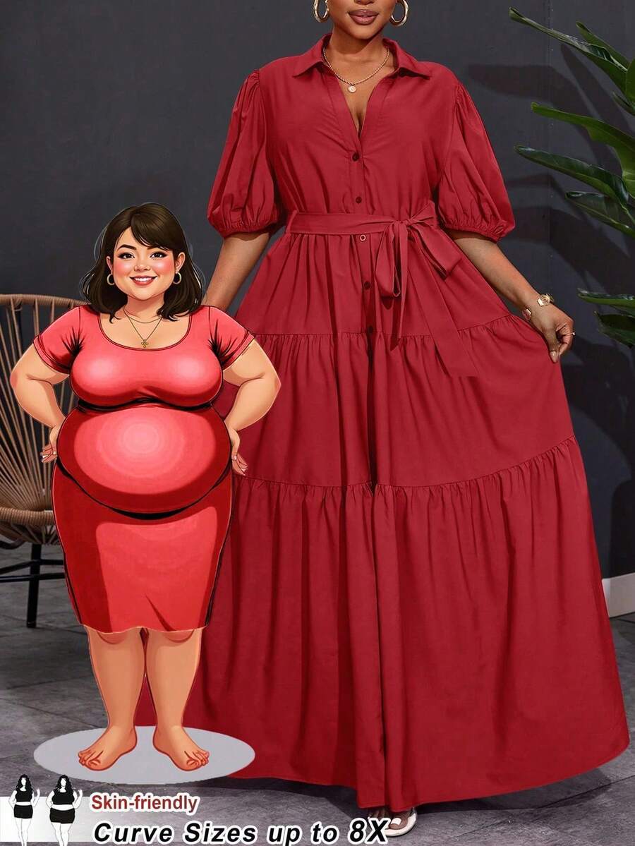 SHEIN CURVE+ Váy maxi xếp ly chữ A tay ngắn màu trơn cỡ lớn 2025 dành cho nữ, dáng rộng, kỳ nghỉ Hoho - Màu Đỏ Sâu - Xem 1