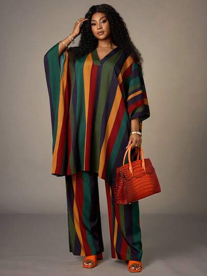 EMERY ROSE Plus Size Women Loose V-Neck Patchwork Batwing Sleeve Top And Wide Leg Pants Vacation Outfit Set,Spring/Summer