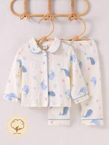 2pcs/Set Baby Boys Comfy Whale Printed Collar Cardigan Long Sleeve Top & Pants Casual Lounge Set Cotton Pajamas Baby Pajama Set Newborn Cotton Clothes Baby Clothes Baby Pajamas Cotton Baby Pajamas Fall Winter - Apricot - View 1