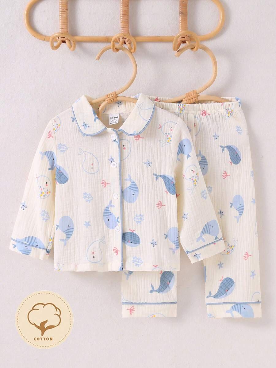2pcs/Set Baby Boys Comfy Whale Printed Collar Cardigan Long Sleeve Top & Pants Casual Lounge Set Cotton Pajamas Baby Pajama Set Newborn Cotton Clothes Baby Clothes Baby Pajamas Cotton Baby Pajamas Fall Winter - Apricot - View 1