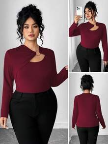Elenzga 女士纯色圆环设计修身长袖T恤 - 酒紅色 - 查看 1