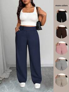 SHEIN PETITE CURVE Plus Size Women High Waist Pockets Straight Loose Casual Pants Fall - Navy Blue - View 1