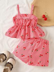 SHEIN Vintaside Kids 2件套女婴春夏度假风樱桃格子印花吊带上衣和短裤 - 紅色 - 查看 2