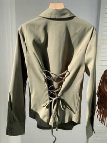 SHEIN EZwear 女式休闲军绿色抽绳后背衬衫 - 軍綠色 - 查看 6