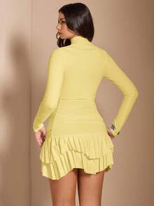 SHEIN BAE Elegant Pale Yellow Long Sleeve Bodycon Ruched Mini Double-Layer Dress,Autumn Night Out Outfit For Cocktail Parties, Dates & Formal Events - Yellow - View 2