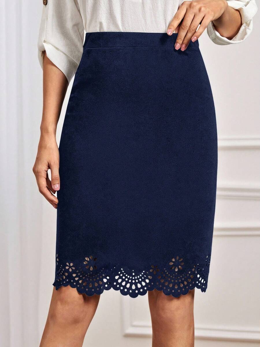 Miaspire Laser Cut Scallop High Waist Skirt - Navy Blue - View 1