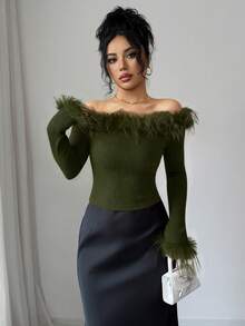 Elenzga 女士优雅时尚通勤休闲舒适迷人复古简约高端温柔淑女圣诞假日派对秋冬露肩拼接毛领袖口纯色针织上衣 - 軍綠色 - 查看 4
