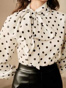 Anewsta Casual Commuting Versatile Polka Dot Design Bow Collar Slimming Comfortable Women Blouse - Apricot - View 5