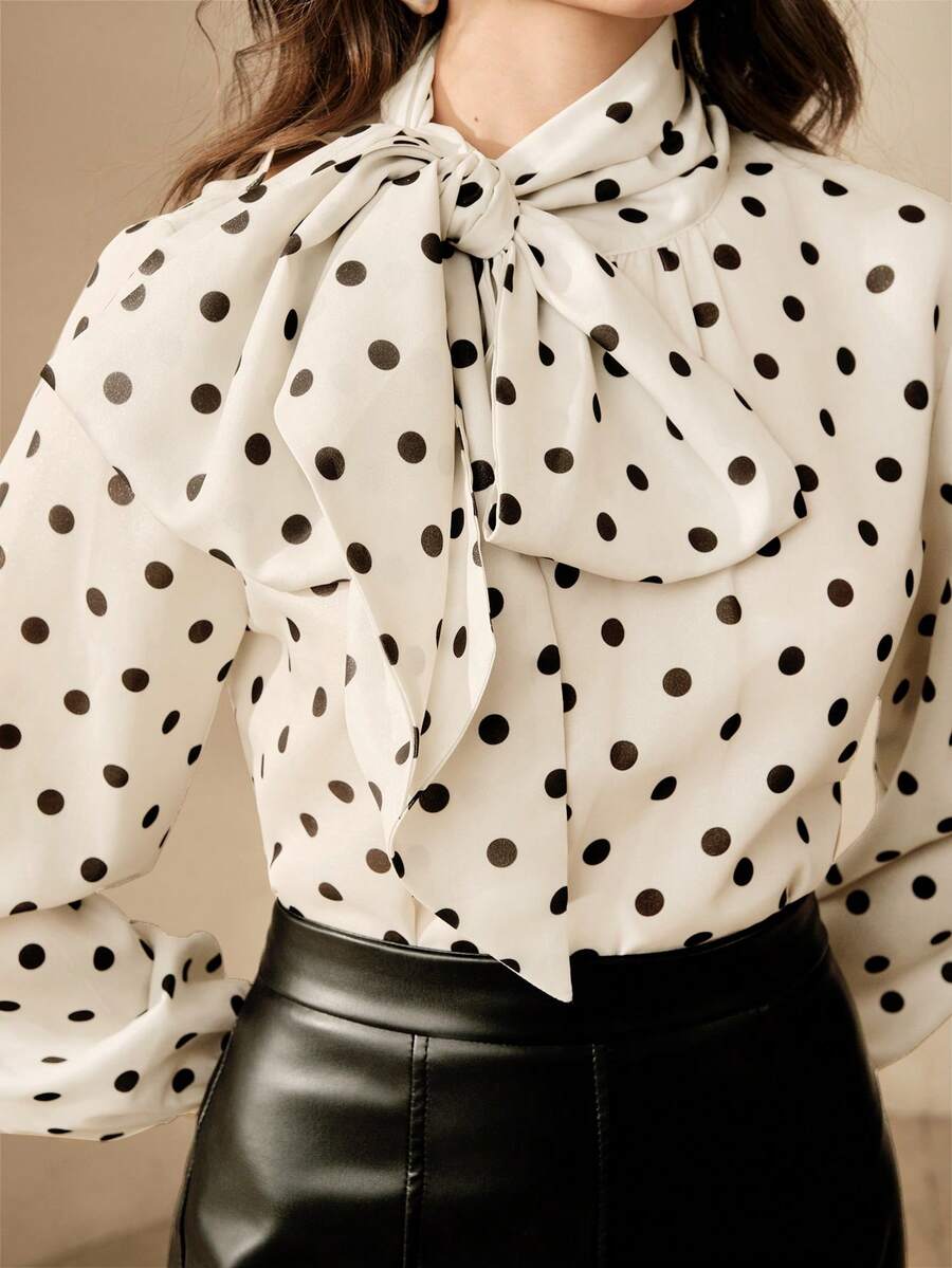 Anewsta Casual Commuting Versatile Polka Dot Design Bow Collar Slimming Comfortable Women Blouse - Apricot - View 1