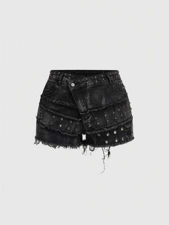 J-Fashion Minigonna di jeans aderente in stile Y2K vintage, con decorazioni in perle e borchie, effetto vissuto, per taglie comode