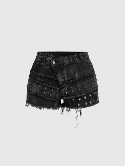 J-Fashion Damen Große Größen Y2K Vintage Subkultur Distressed Nieten Perlen Dekor Zerrissener Bodycon Jeans Minirock