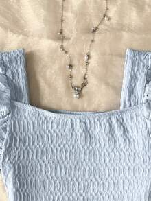 SHEIN Tween Girls' Casual Vacation Home Patchwork Embroidery Lace Trim Textured Knit Fitted Cropped Square Neck T-Shirt Square Neck Top Tween Teen Girls Blue And White Top Tight Design Pastel Blue Clothes Kids Summer Top - Baby Blue - View 4