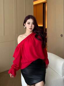 Vibekara Spring/Autumn New Stylish Red Shoulder-Revealing Long Sleeve Shirt, Elegant & Youthful