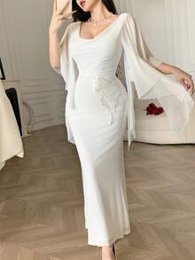 Feyla Women's Elegant Long Dress With Butterfly Embroidery, Mesh Patchwork And Ruffle Sleeves Party Dress - White - View 4