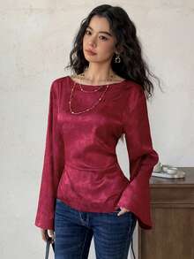 EastFlair 女士提花喇叭袖褶皱优雅时尚衬衫 - 紅色 - 查看 1