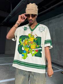 TEENAGE MUTANT NINJA TURTLES | SHEIN 男式加大码V领条纹卡通图案短袖T恤 - 杏色 - 查看 4