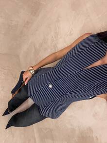 SHEIN Glamour Women's Striped Single-Breasted Casual/Work Sleeveless Thin Blazer Elegant Women's Blouses Women's Work Tops, Business Casual Woman Top - Blue - View 4