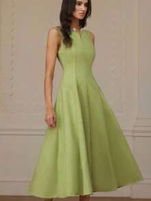 Revavyn 女士时尚设计串珠领无袖收腰连衣裙 - 綠色 - 查看 6