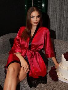 SilkySpell Plus Size Faux Silk Satin 3/4 Sleeve Contrast Color Robe, Lace Patchwork Tie-Waist Short Bathrobe - Red - View 6