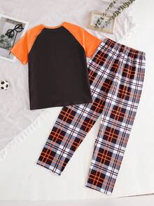 2pcs/Set Tween Boys Fashionable Pajama Set, Football Graphic Top Paired With Plaid Pants, Loungewear - Multicolor - View 3