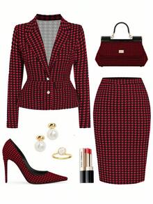 Ellevyn Plus Size Elegant Commuter Houndstooth Blazer & Skirt Suit - Red - View 1