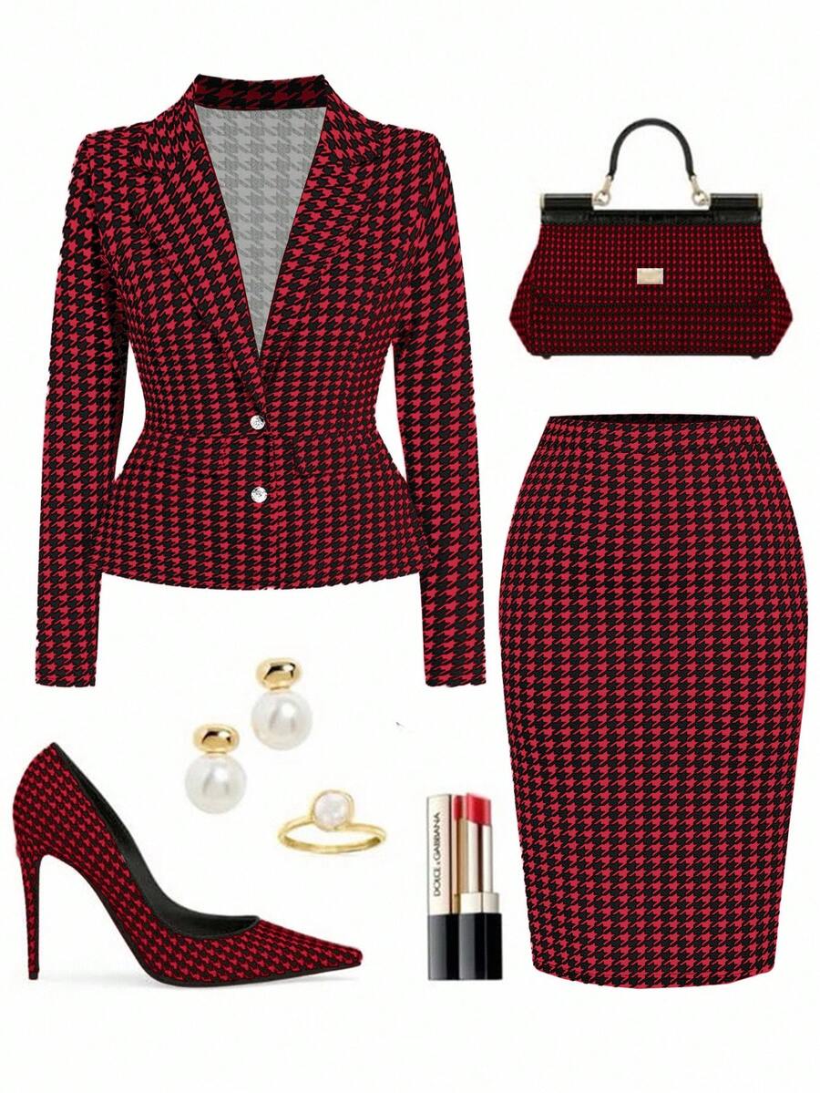 Ellevyn Plus Size Elegant Commuter Houndstooth Blazer & Skirt Suit - Red - View 1