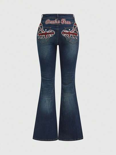 Grunge Punk Jeans de mujer con pierna acampanada, cintura baja, lavado desgastado vintage y bordado de la bandera Union Jack con estilo Y2K