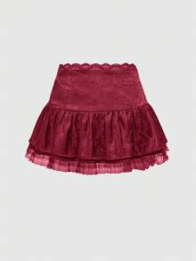 ROMWE Váy mini xếp ly ren phong cách Gothic bằng vải satin jacquard dành cho nữ (kèm quần lót) - Màu Đỏ Sâu - Xem 2