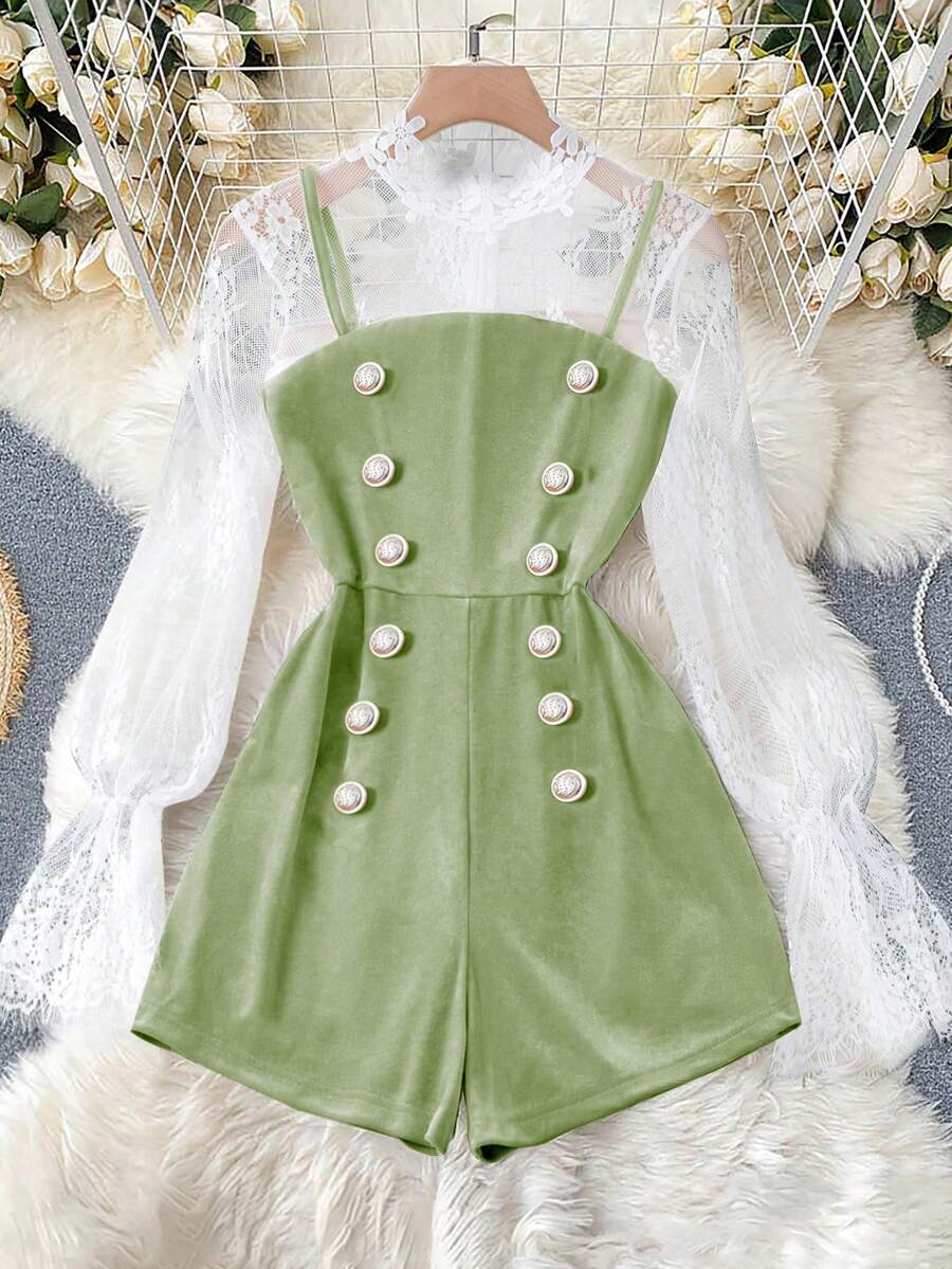 GlowEve Tuta elegante in velluto con bottoni dorati, design aderente, con inserti in pizzo sulle maniche lunghe, adatta per primavera/estate, inverno, Natale, Capodanno - Menta Verde - Visualizzare 1