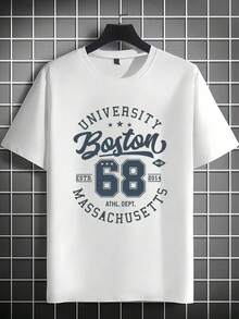 Men's T- - Made of 100% polyester fabric, weighing 164 grams, this white fashionable top features a minimalist design style with the Boston University English phrase letter pattern printed on it. Both fun and eye-catching, it is an ideal choice for men's summer t-shirts, casual wear, and sportswear. - Blanco - Ver 2