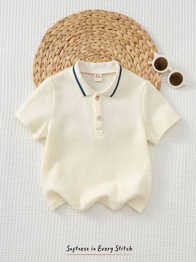 Cozy Pixies Young Boy Textured Ribbed Knit Soft Turndown Collar Half-Zip Short Sleeve Polo Shirt
