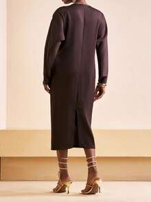 Veslaya Plus Size Spring/Autumn New Casual Elegant Commute Party Date Club Long Sleeve Twist Front Dress - Coffee Brown - View 3