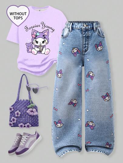 SHEIN ChillGRL Tween Girls Jeans - Fashionable Snow Wash Distressed Embroidered Wide Leg Jeans, Heart Embroidery, Colorful Hearts, Casual Loose Wide Leg Pants, Light Blue, Suitable For Christmas, New Year, Valentine's Day, Daily Wear, School Girls Cute Jeans