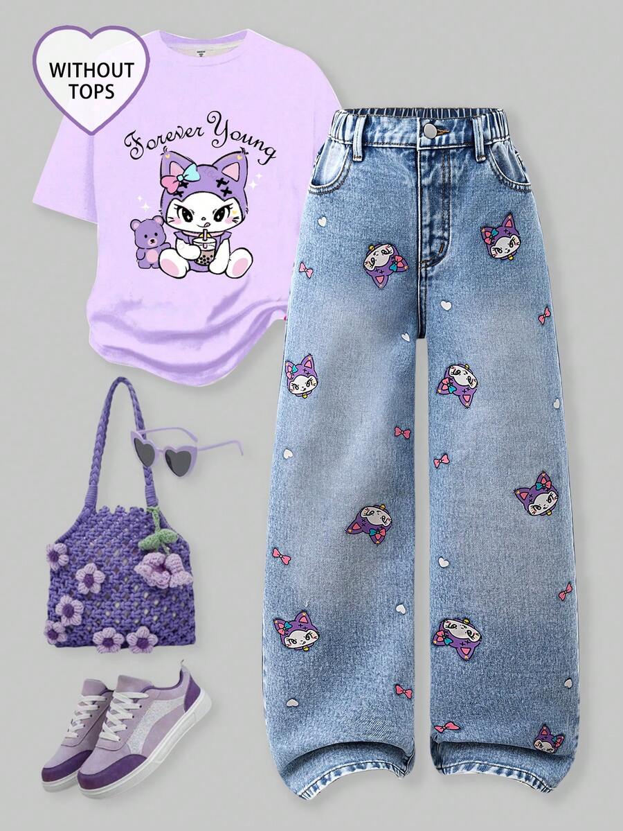 SHEIN ChillGRL 少女牛仔裤 - 时尚雪洗做旧刺绣阔腿牛仔裤,心形刺绣,彩色爱心,休闲宽松阔腿裤,浅蓝色,适合圣诞节、新年、情人节、日常穿着、上学等场合。 - 淺色水洗藍 - 查看 1