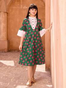 少女碎花印花喇叭袖纽扣设计连衣裙 - 綠色 - 查看 5