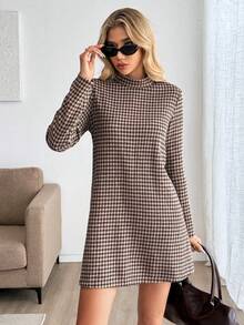 EMERY ROSE 女士格子长袖休闲百搭连衣裙 - 棕色 - 查看 4