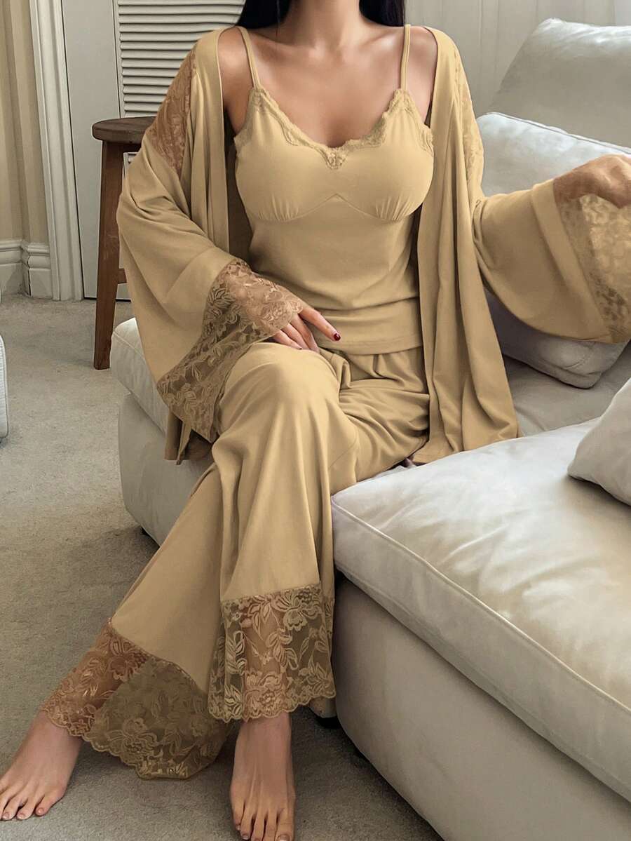 DAZY 3pcs Lace Patchwork Robe, Camisole & Pants Women Sleepwear Set - Khaki - View 1