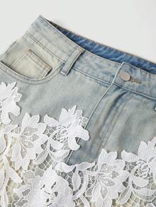 SHEIN MOD Women's Fashion Lace Decorated Denim Mini Skirt Summer Holiday Outfits Spring Outfit Women Valentine Outfits For Women Carnival Costumes Beach Skirt Vacation Outfits Women Holiday Skirt Floral Skirt White Skirt Women's Light Wash Denim Mini Skirt With Elegant White Floral Lace Overlay Design - Light Wash - View 3