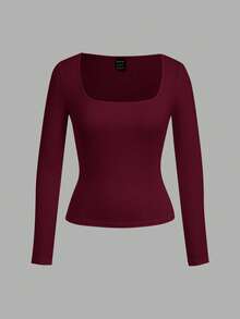 SHEIN EZwear 2 Stücke Damen Lässig T-Shirt Set mit quadratischem Ausschnitt und Slim Fit Langarm - Verschiedenfarbig - Übersicht 3