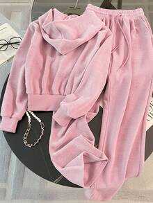 Franclia 2pcs/Set Plus Size Women Loose Fit Hoodie And Wide Leg Pants Set - Pink - View 2