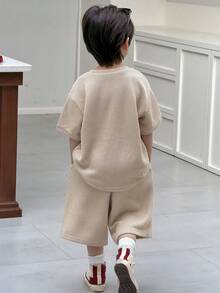 DAZY Young Boy Set Of Solid Color Round Neck Drop Shoulder T-Shirt And Shorts, Casual Outfit Spring Summer - Khaki - View 6