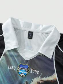 ROMWE MEN Street Life Áo Polo nam, kiểu dáng thể thao thường ngày, in hình hoa anh đào và chữ tiếng Anh, tay ngắn. - màu đen - Xem 5