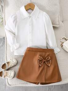 Young Girls White Woven Plain Collar Button Puff Sleeve Blouse Paired With Yellow-Brown Leather Waistband Butterfly Decor Slit Skirt Pants 2-Piece Set, Suitable For Spring/Autumn Daily, Outdoor, Party Wear - White - View 4