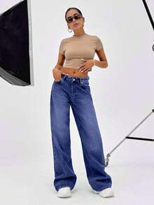 SHEIN Quần jean ống rộng cạp thấp 100% cotton kiểu dáng cổ điển Y2K, dáng rộng - Màu xanh bụi bặm - Xem 6