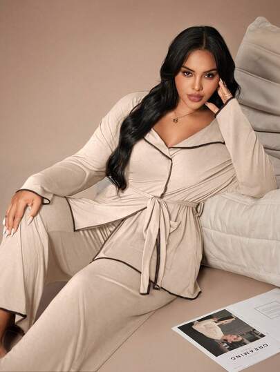 Lazeform Plus Size V-Neck Belted Long Sleeve Straight Leg Pajama Set For Women Plus Size Pajama Set Plus Size Loungewear Set Curve Pajama Set Plus Size Sleepwear Set Curve Sleepwear