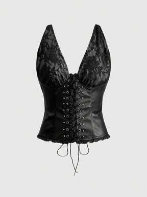 Grunge Punk Y2K Sexy Metallic Lace-Up PU Patchwork Crop Top For Women