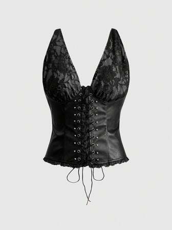 Grunge Punk Top corto con parches de PU y cordones metálicos sexy estilo Y2K para mujeres