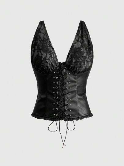 Grunge Punk Top court patchwork en PU métallique sexy avec laçage, pour femmes